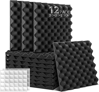 Lot de 12 Panneaux de Mousse Acoustique Avec des Autocollants, Mousse Anti-bruit Panneau Acoustique Haute Densité Isolant Phonique, Pour Podcasting, Studios d