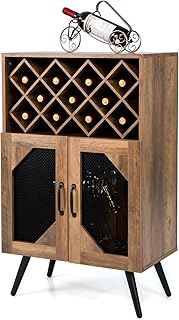 GIANTEX Meuble de Bar à Vin, Buffet Industriel avec Casier à Vin Amovible et Porte-Verre Intégré, Meuble de Rangement en Bois pour Salle à Manger, Salon, Cuisine, Marron Rustique